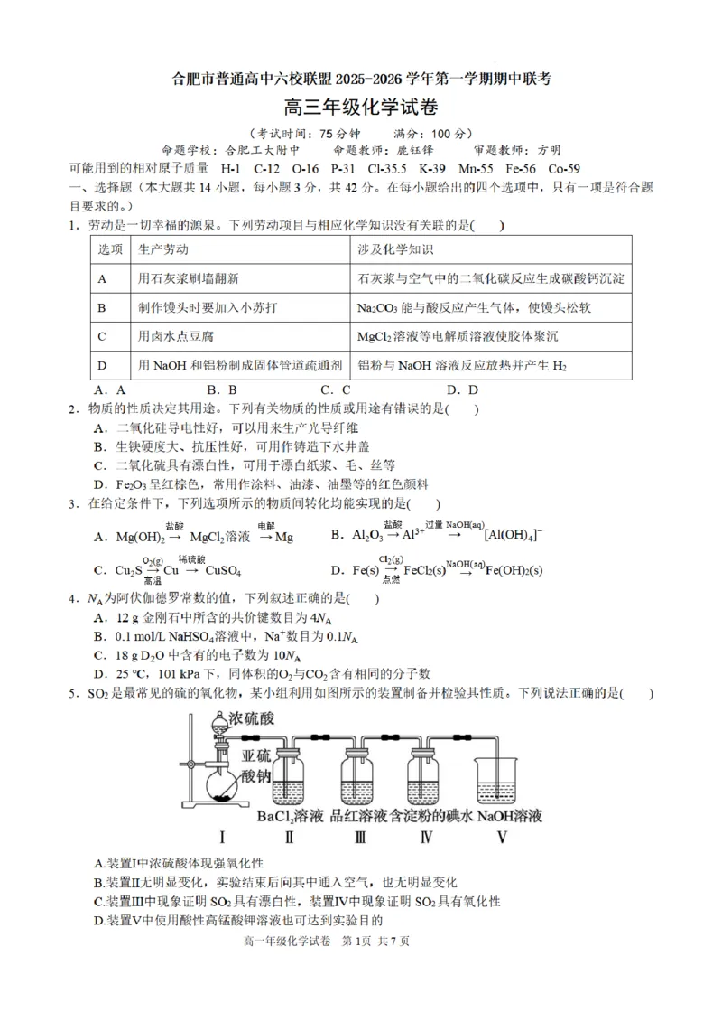 合肥市普通高中六校联盟2025年秋季学期期中考试化学_251115安徽省合肥市普通高中六校联盟2025年秋季学期期中考试（全科）