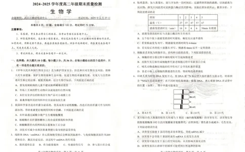 湖北省武昌区2024~2025学年度高二年级期末质量检测生物_2025年6月_250628湖北省武昌区2024~2025学年度高二年级期末质量检测（全科）