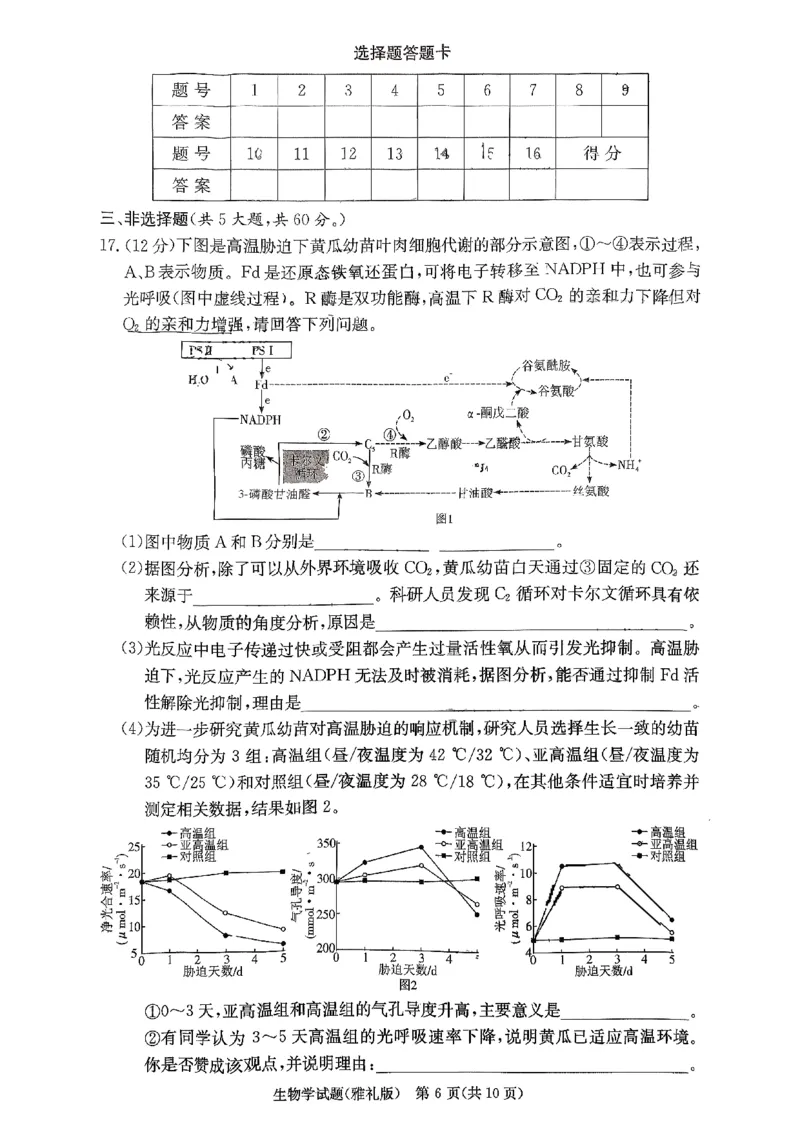湖南省长沙市雅礼中学2025-2026学年高三上学期11月月考生物试题_251107湖南省长沙市雅礼中学2026届高三上学期月考（三）（全科）
