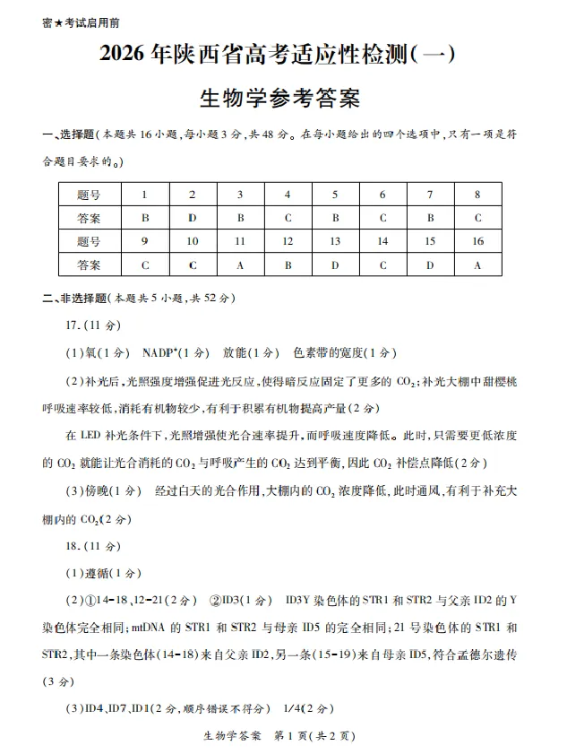 2026届陕西省高三上学期适应性检测（一）生物试卷（含答案）_2025年12月_2512132026届陕西省高三上学期适应性检测（一）（全科）
