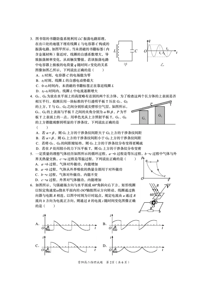 四川省资阳市2024-2025学年高二下学期期末质量监测物理_2025年7月_250715四川省资阳市2024-2025学年高二下学期期末质量监测（全科）