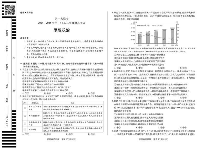 政治高二下期末试卷_2025年7月_250705天一大联考&middot;河南省2024-2025学年（下）高二年级期末考试（全科）