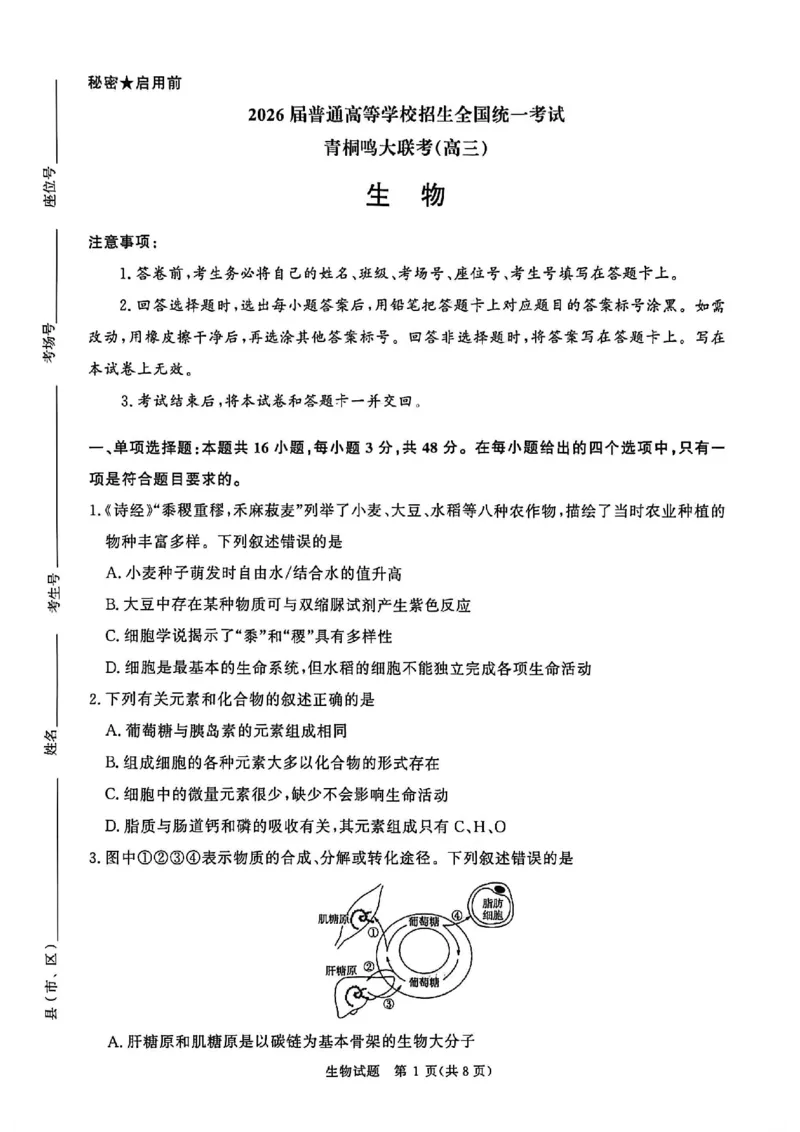河南省青桐鸣大联考2025&mdash;2026学年高三上学期11月联考生物试卷_12026年试卷教辅资源等多个文件_251117青桐鸣大联考2025-2026学年高三上学期11月月考