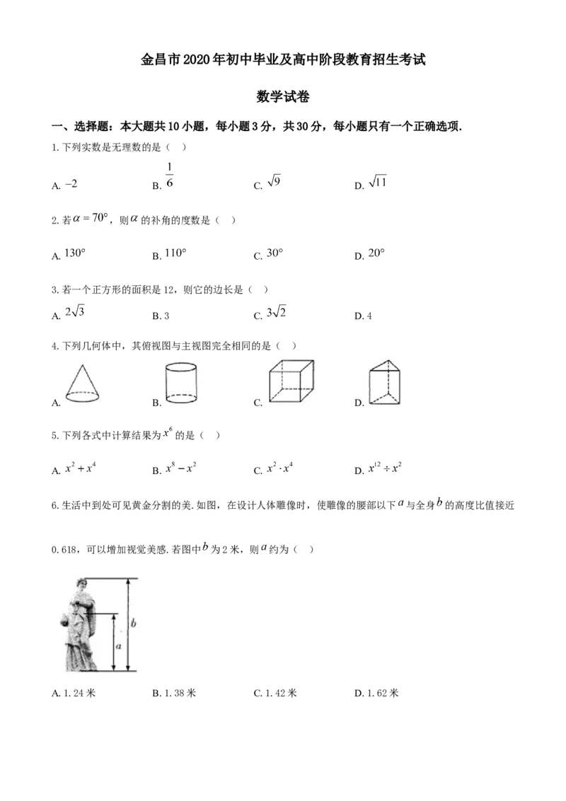 甘肃省金昌市2020年中考数学试题_中考真题_2.数学中考真题2015-2024年_2020全国多省多地中考数学真题126份