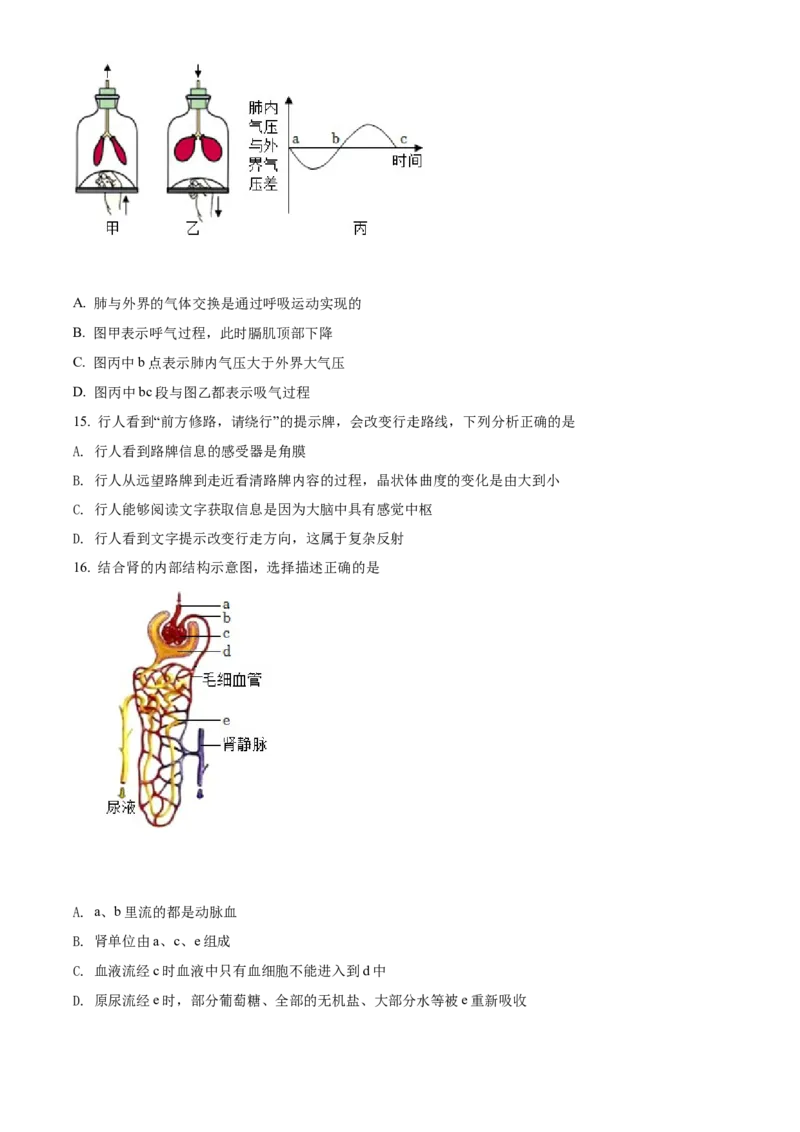 精品解析：2022年内蒙古赤峰市中考生物真题（原卷版）_中考真题_8.生物中考真题2015-2024年_2022年全国中考生物114份14