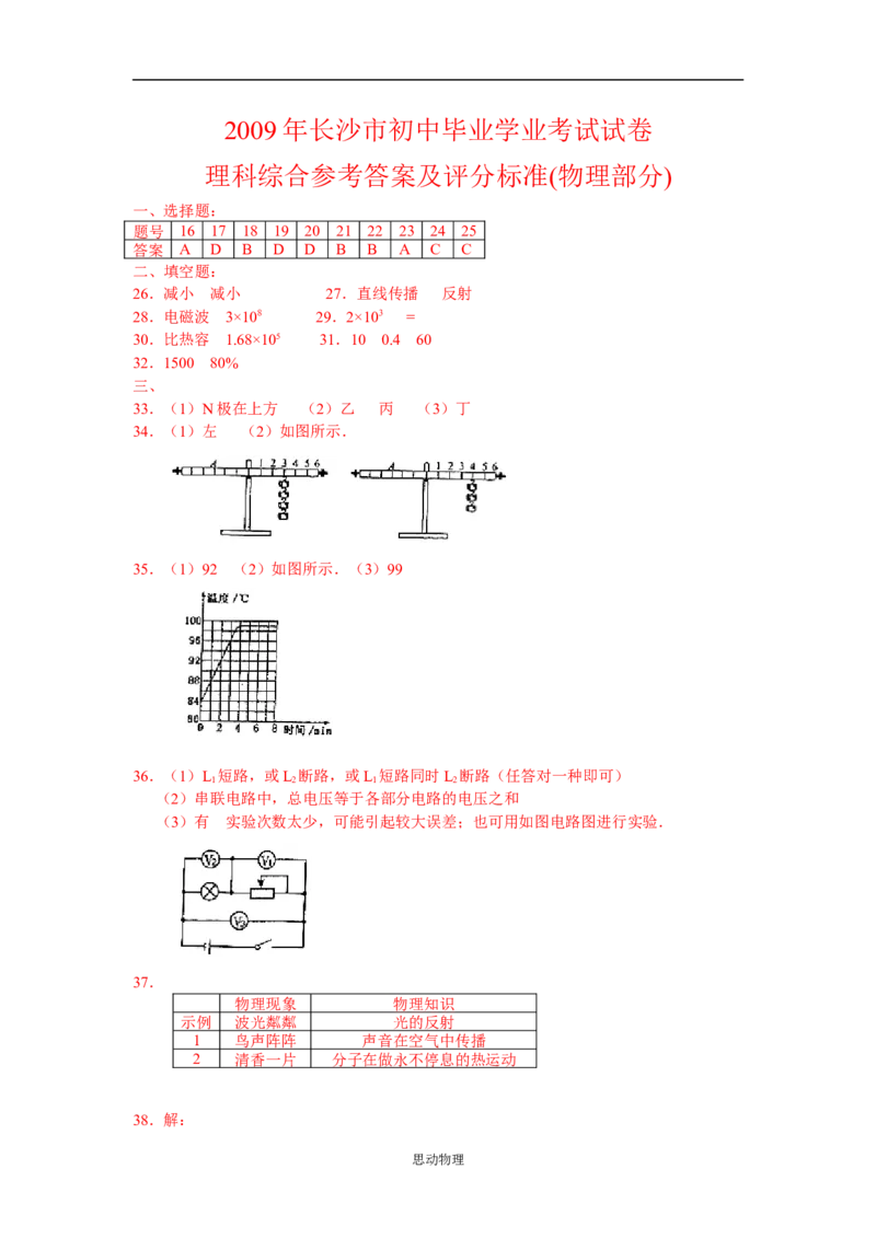 湖南省长沙市2009年中考物理试题及答案_中考真题_4.物理中考真题2015-2024年_地区卷_湖南省_长沙中考物理08-22年