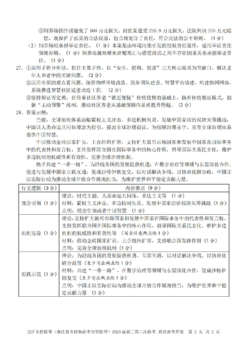 政治答案｜Z20联盟26届12月联考_2025年12月_251215Z20名校联盟（浙江省名校新高考研究联盟）2026届高三第二次联考_Z20名校联盟（浙江省名校新高考研究联盟）2026届高三第二次联考政治
