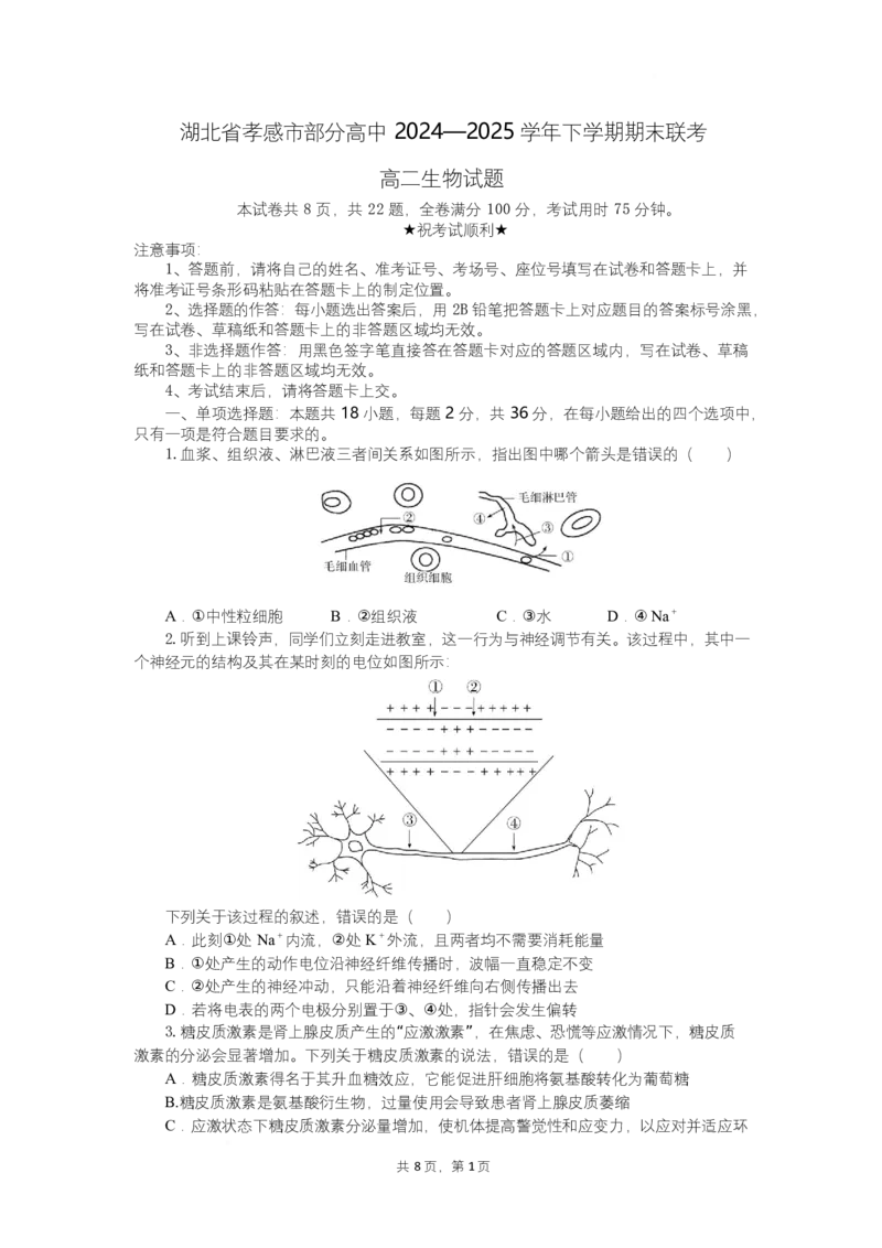 湖北省孝感市部分高中联考2024-2025学年高二下学期7月期末生物试题_2025年7月_250704湖北省孝感市部分高中2024-2025学年高二下学期7月期末联考（全科）