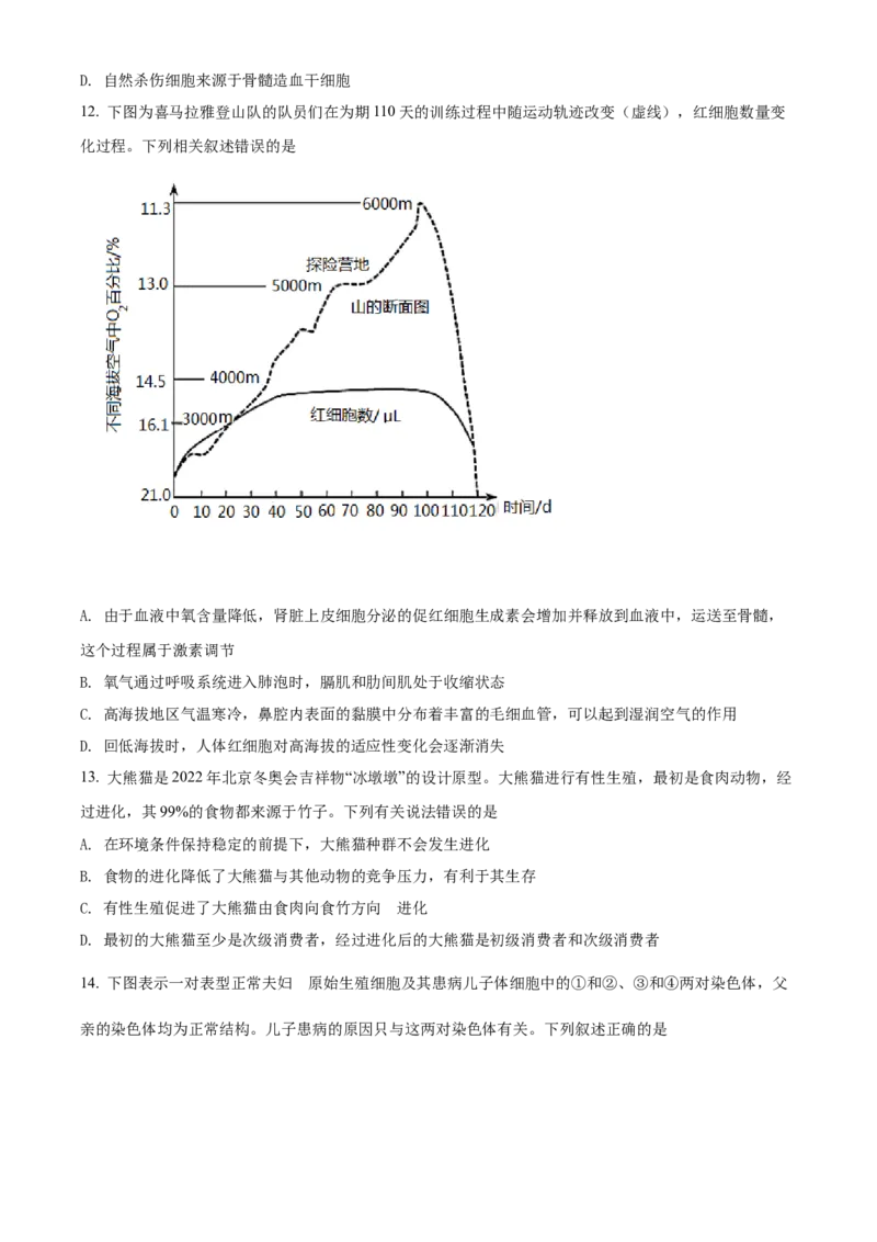 精品解析：2022年内蒙古呼和浩特市中考生物真题（原卷版）_中考真题_8.生物中考真题2015-2024年_2022年全国中考生物114份14