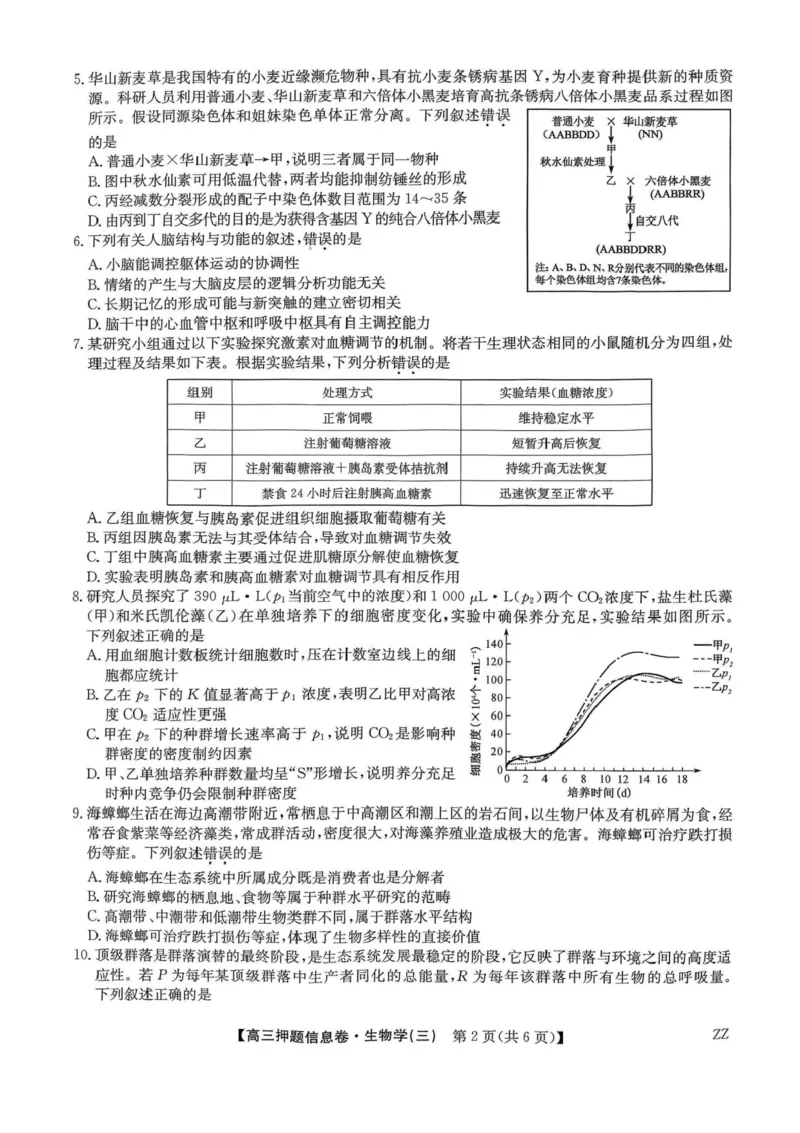 2024-2025学年高三下学期5月押题信息卷（三）生物试卷+答案_2025年6月_250602九师联盟2025届高三押题信息卷（三）（全科）