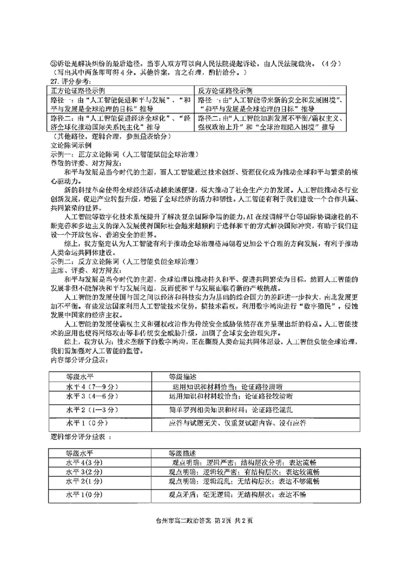 政治答案-2506台州高二期末_2025年6月_250628浙江台州市2024-2025学年高二下学期6月期末（全科）