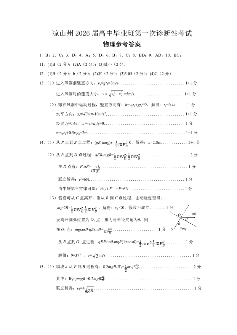 四川省凉山州2026届高中毕业班第一次诊断性考试物理答案_2025年12月_251220四川省凉山州2026届高中毕业班第一次诊断性考试（凉山州一诊）（全科）