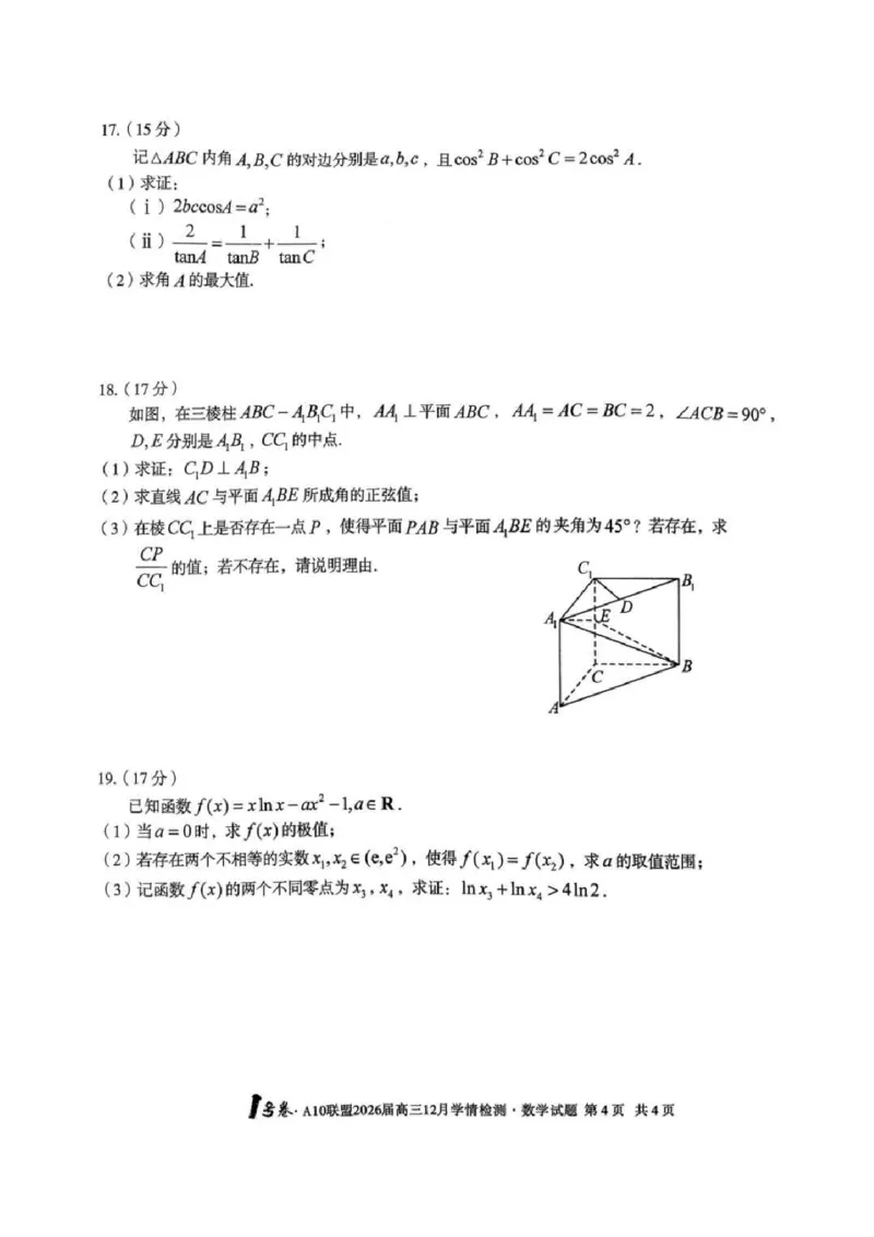 安徽省A10联盟2025-2026学年高三上学期12月学情检测数学试题（含答案）_2025年12月_251224安徽省A10联盟2025-2026学年高三上学期12月学情检测（全科）