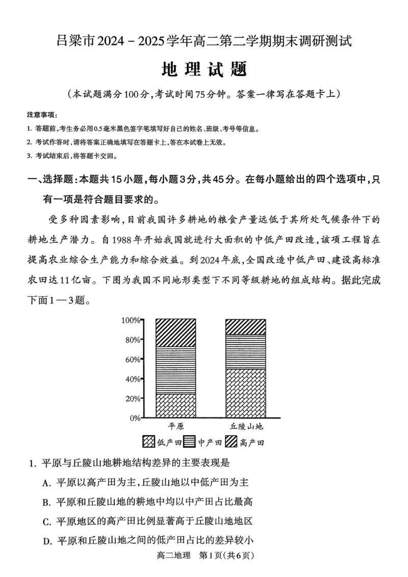 山西省吕梁市2024-2025学年高二第二学期期末调研测试-地理_2025年7月_250707山西省吕梁市2024-2025学年高二下学期期末调研测试（全科）