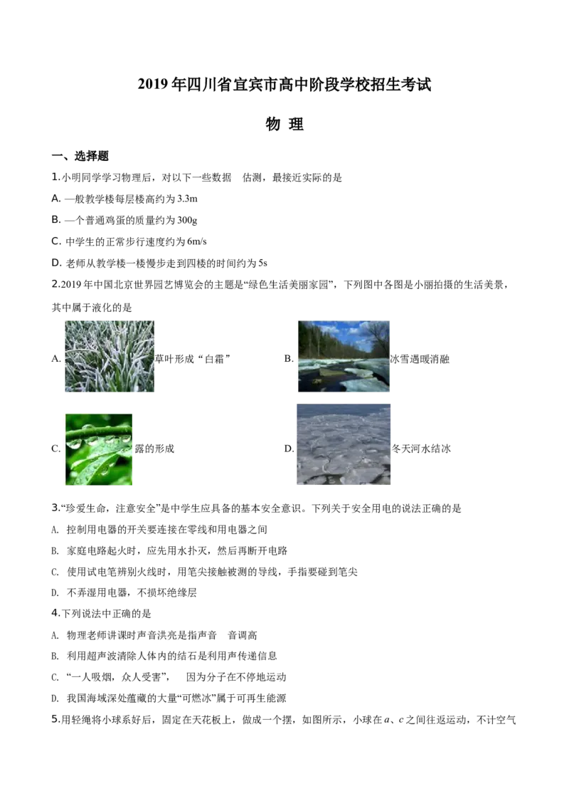 精品解析：2019年四川省宜宾市中考物理试题（原卷版）_中考真题_4.物理中考真题2015-2024年_2019年中考物理真题175份_2019年中考真题精品解析物理（四川宜宾市）精编word版