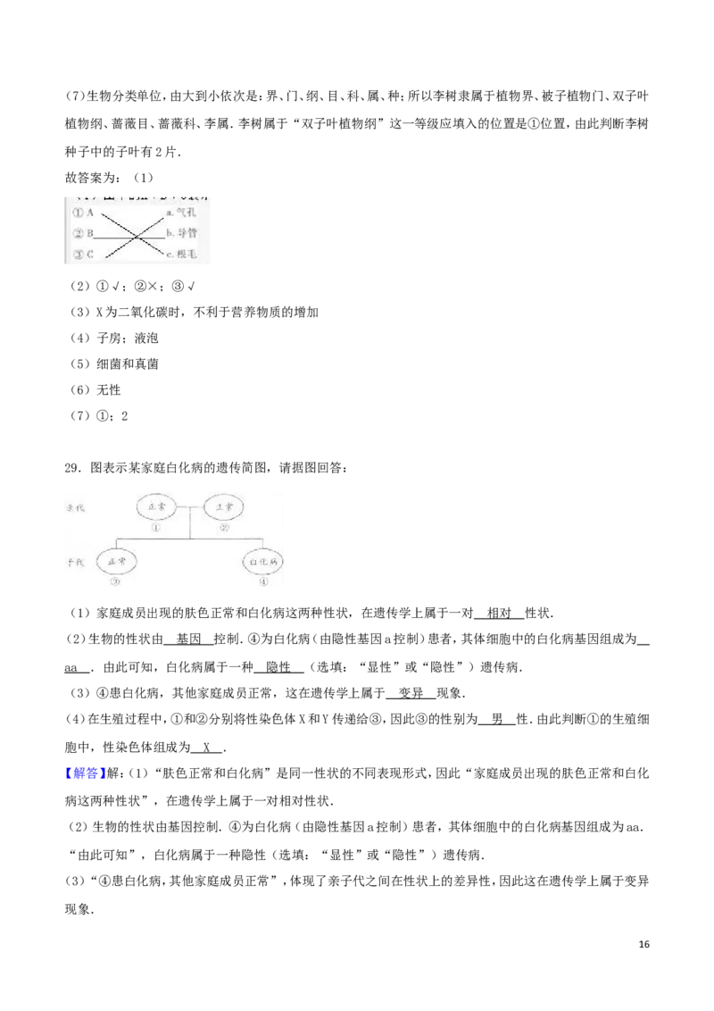 福建省福州市2016年中考生物真题试题（含解析）_中考真题_8.生物中考真题2015-2024年_2016年全国中考生物74份