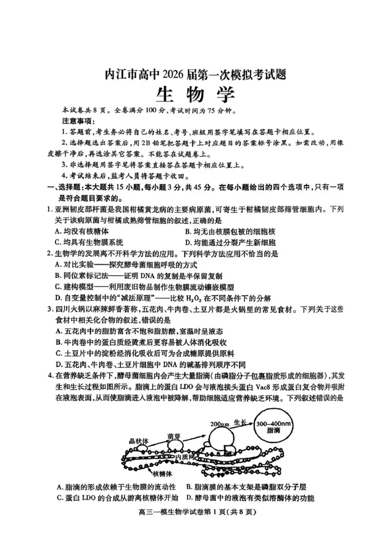 内江市高中2026届第一次模拟考试题生物_2025年12月_251219四川省内江市高中2026届第一次模拟考试题（内江一模）（全科）