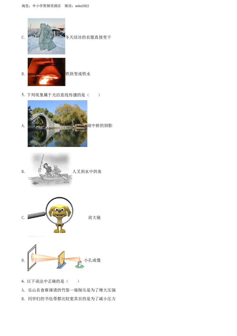 精品解析：2022年四川省乐山市中考物理试题（原卷版）_中考真题_4.物理中考真题2015-2024年_2022中考物理真题128份14