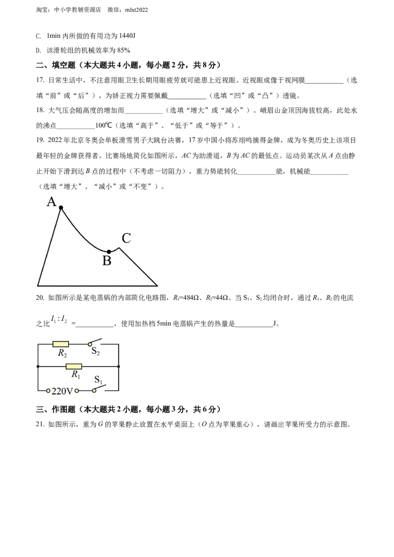 精品解析：2022年四川省乐山市中考物理试题（原卷版）_中考真题_4.物理中考真题2015-2024年_2022中考物理真题128份14