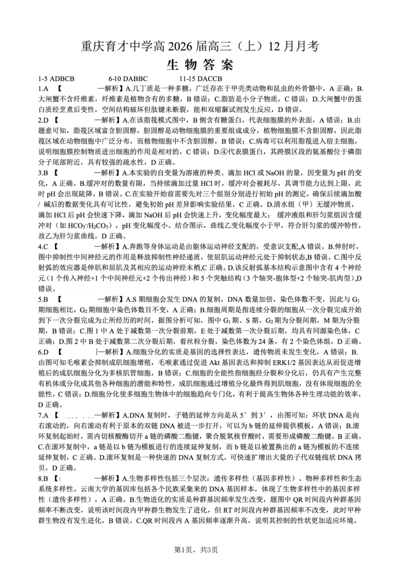 生物育才中学25-26学年上高三12月月考答案_2025年12月_251207重庆市育才中学校2025-2026学年高三上学期12月月考（全科）_重庆市育才中学校2025-2026学年高三上学期12月月考生物