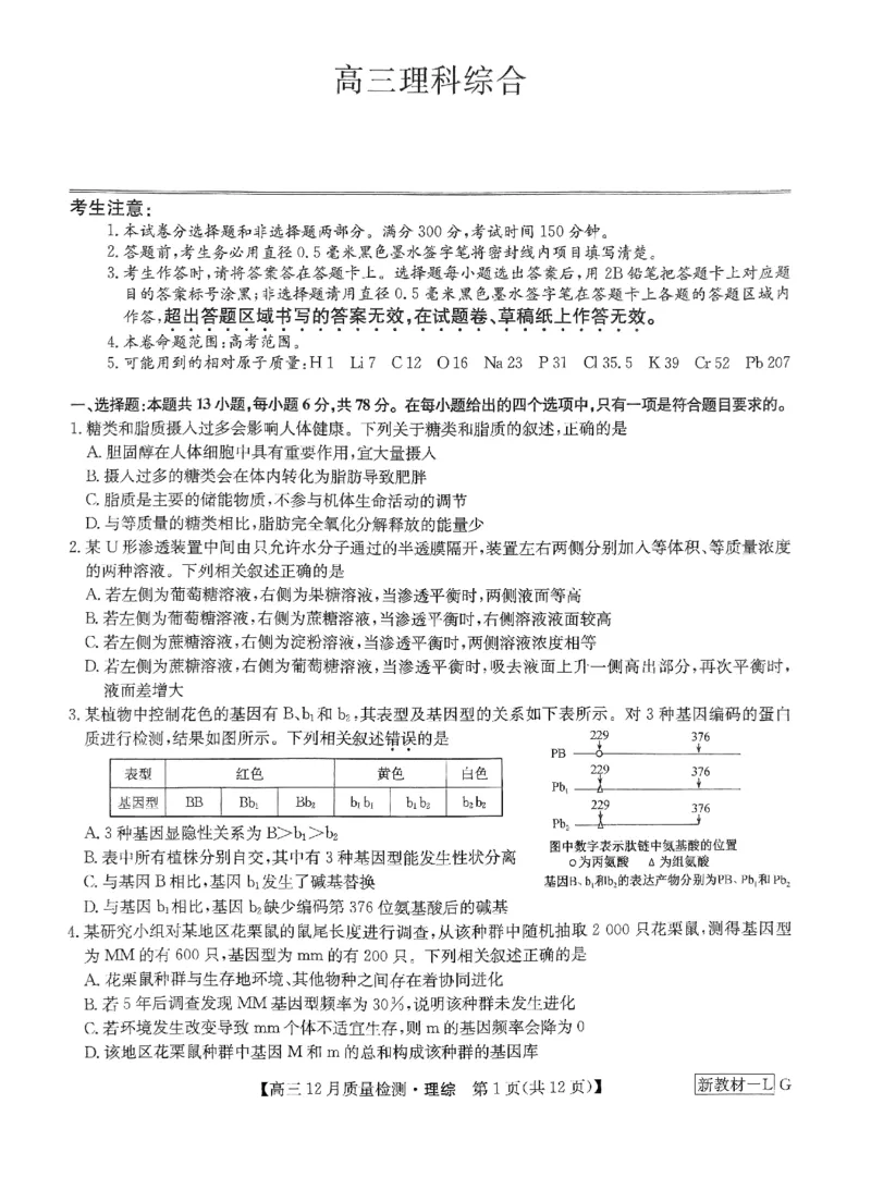 理综_2024届九师联盟高三12月质量检测巩固卷_九师联盟2024届高三12月质量检测巩固卷理综