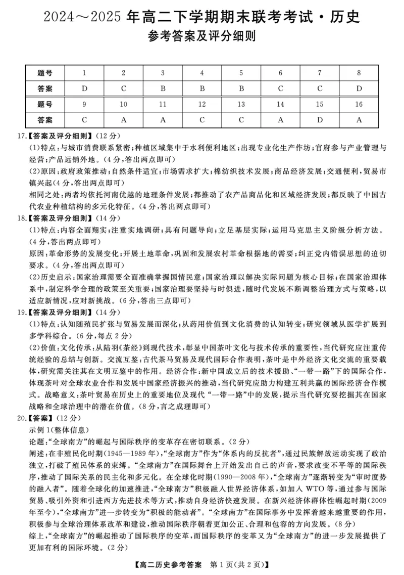 金科&middot;新未来7月3-4日高二联考-历史评分细则_2025年7月_250707河南省金科&middot;新未来2024-2025学年高二下学期期末联考考试（全科）_金科&middot;新未来7月3-4日高二联考答案