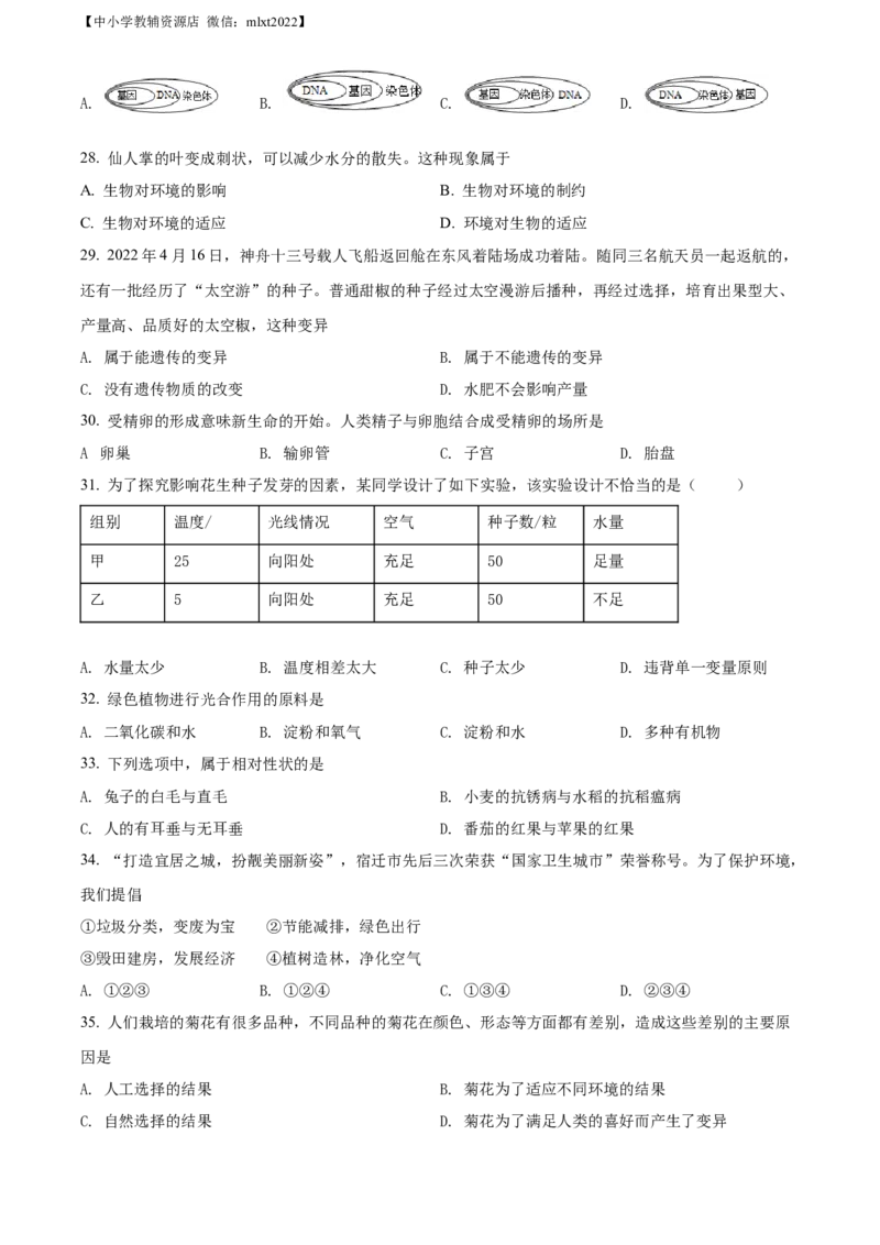 精品解析：2022年江苏省宿迁市中考生物真题（原卷版）_中考真题_8.生物中考真题2015-2024年_2022年全国中考生物114份14