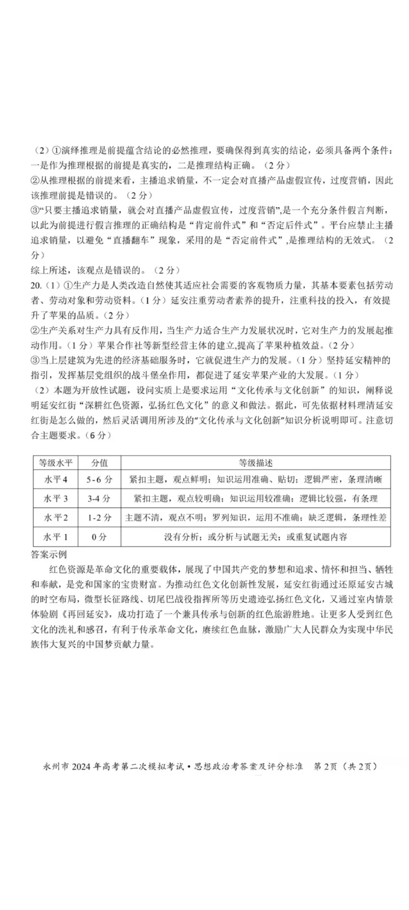 政治答案_2024届湖南省永州市高三第二次模拟考试_2024届湖南省永州市高三第二次模拟考试政治