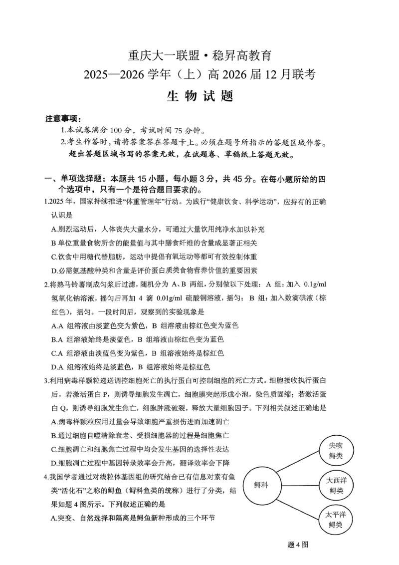 稳昇高教育2025-2026学年（上）高2026届12月联考生物_2025年12月_251213重庆大一联盟&middot;稳昇高教育2025-2026学年（上）高2026届12月联考（全科）