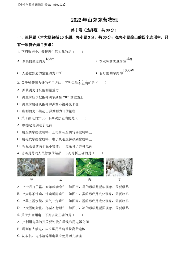 精品解析：2022年山东省东营市中考物理试题（原卷版）(1)_中考真题_4.物理中考真题2015-2024年_2022中考物理真题128份14