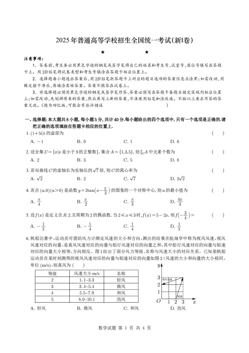 2025年普通高等学校招生全国统一考试（新Ⅰ卷）_2025高考真题