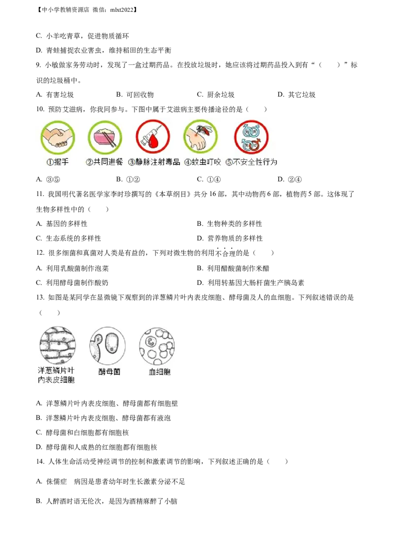 精品解析：2022年湖北省襄阳市中考生物真题（原卷版）_中考真题_8.生物中考真题2015-2024年_2022年全国中考生物114份14
