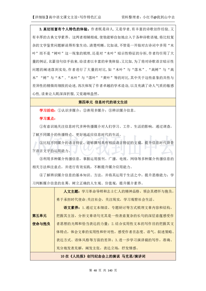 详细课文主旨+写作特色汇总@我到山中去_4-教培资料-26年最新资料-同步更新_初中高中教资_03科三专项（进去保存报考的学科即可）_12小某书热门博主（高中语文）_课文梳理