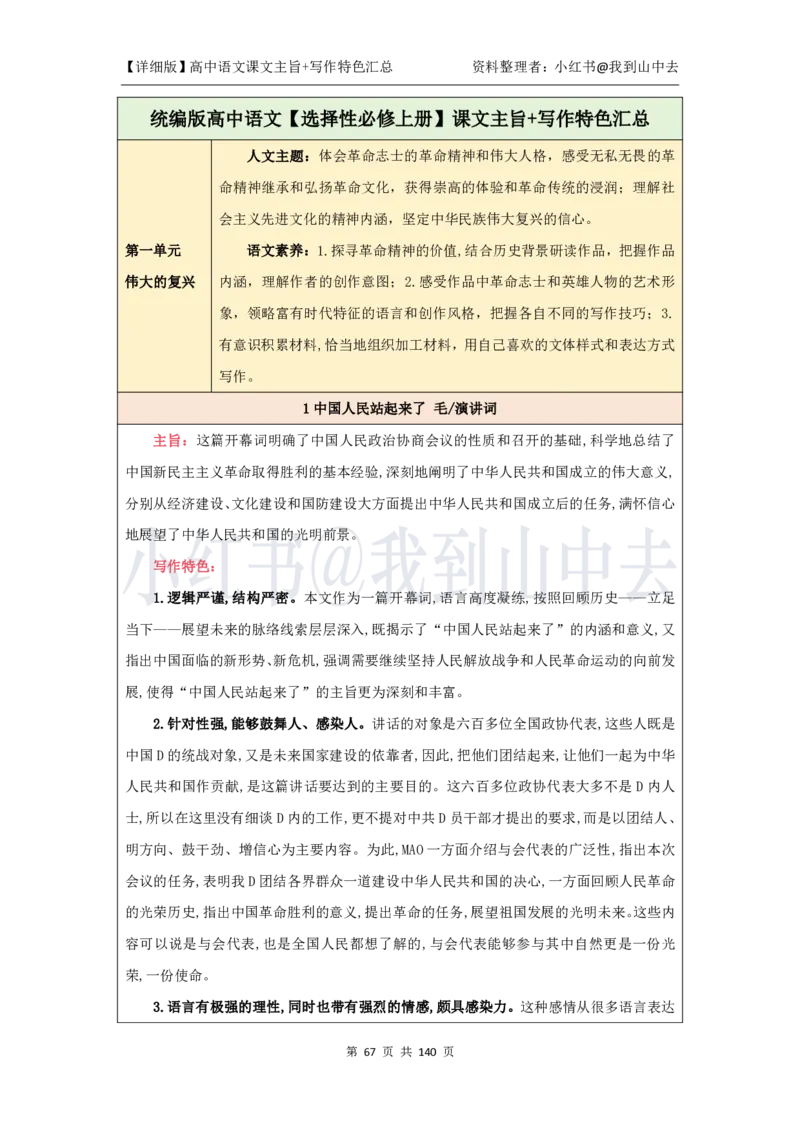 详细课文主旨+写作特色汇总@我到山中去_4-教培资料-26年最新资料-同步更新_初中高中教资_03科三专项（进去保存报考的学科即可）_12小某书热门博主（高中语文）_课文梳理