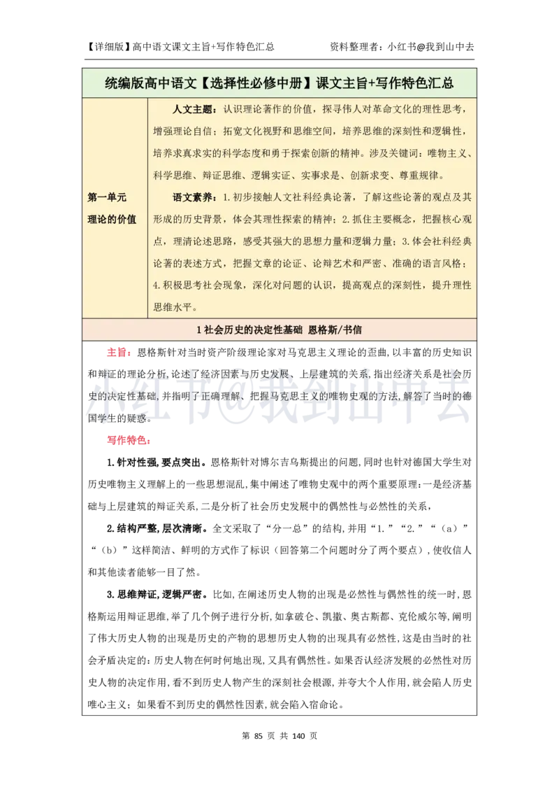 详细课文主旨+写作特色汇总@我到山中去_4-教培资料-26年最新资料-同步更新_初中高中教资_03科三专项（进去保存报考的学科即可）_12小某书热门博主（高中语文）_课文梳理
