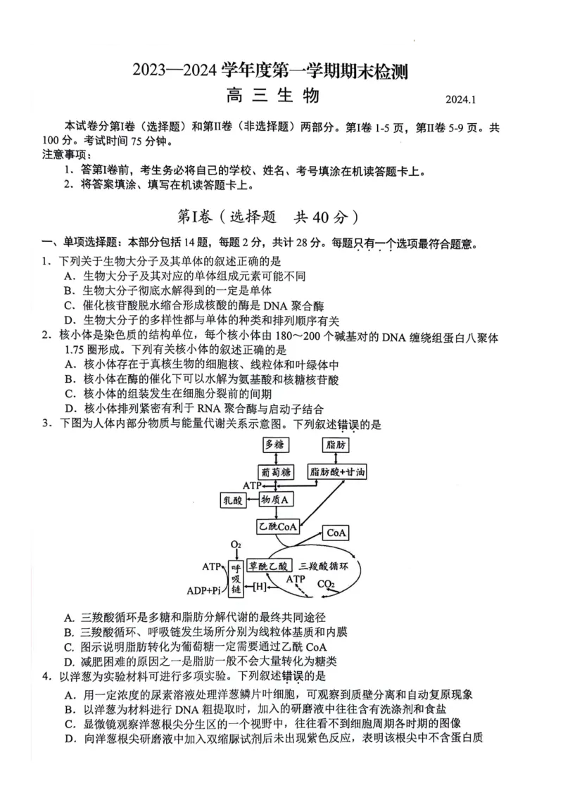 生物_2024届江苏省扬州市高三上学期1月期末考试_江苏省扬州市2024届高三上学期1月期末考试生物