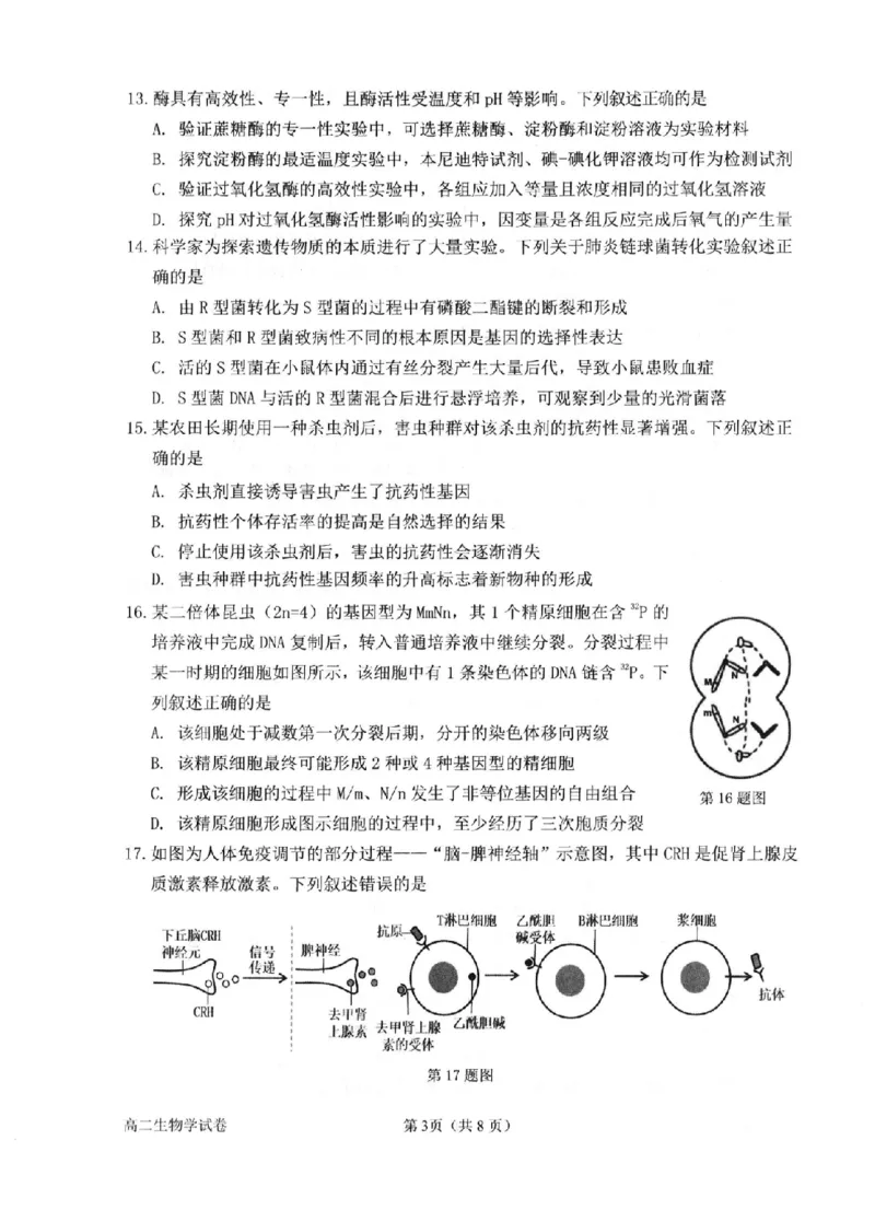 生物卷-2506衢州高二期末_2025年6月_250620浙江省衢州市2024-2025学年高二下学期6月教学质量检测（全科）_浙江省衢州市2024-2025学年高二下学期6月教学质量检测生物