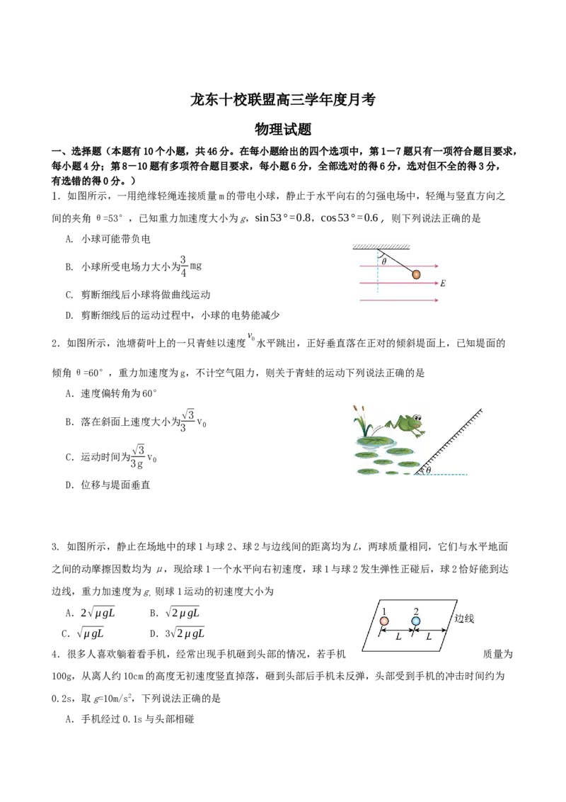 黑龙江省龙东十校联盟2025-2026学年高三上学期12月月考物理试题（含答案）_2025年12月_251211黑龙江省龙东十校联盟2026届高三上学期12月月考（全科）