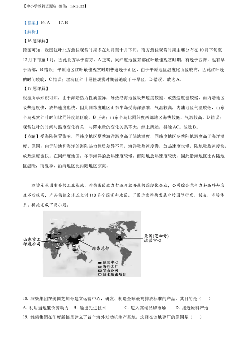 精品解析：2022年山东省潍坊市中考地理真题（解析版）_中考真题_9.地理中考真题2015-2024年_2022中考地理真题98份18