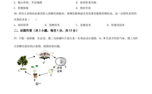 精品解析：2022年湖南省湘西州中考生物真题（原卷版）_中考真题_8.生物中考真题2015-2024年_地区卷_湖南省_湘西生物（只有2022