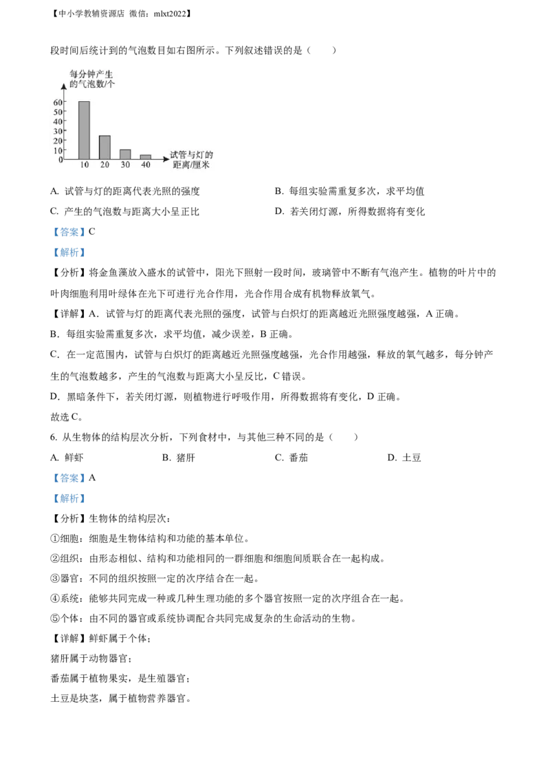 精品解析：2022年四川省绵阳市中考生物真题（解析版）_中考真题_8.生物中考真题2015-2024年_2022年全国中考生物114份14