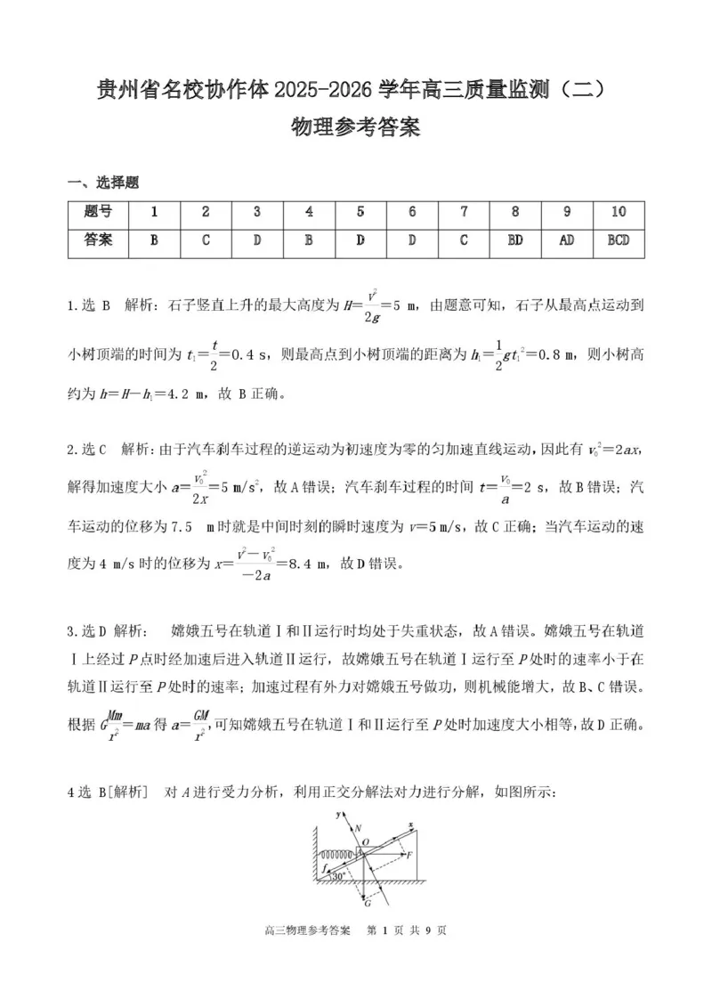 贵州省名校协作体2026届高三上学期质量监测（二）物理试卷（含答案）_2025年12月_251223贵州省名校协作体2025-2026学年高三上学期质量监测（二）（全科）