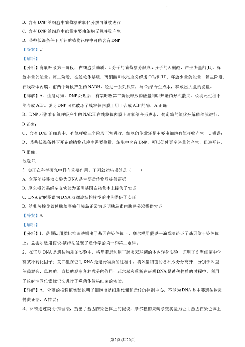精品解析：广东省东莞市2023-2024学年高三上学期期末生物试题（解析版）_2024年1月_01每日更新_22号_2024届广东省东莞市高三上学期期末考试_广东省东莞市2024届高三上学期期末考试生物