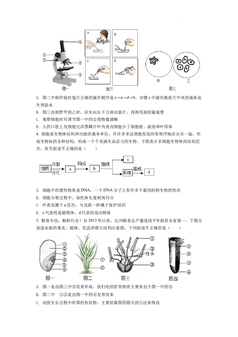 精品解析：2022年四川省达州市中考生物真题（原卷版）_中考真题_8.生物中考真题2015-2024年_2022年全国中考生物114份14