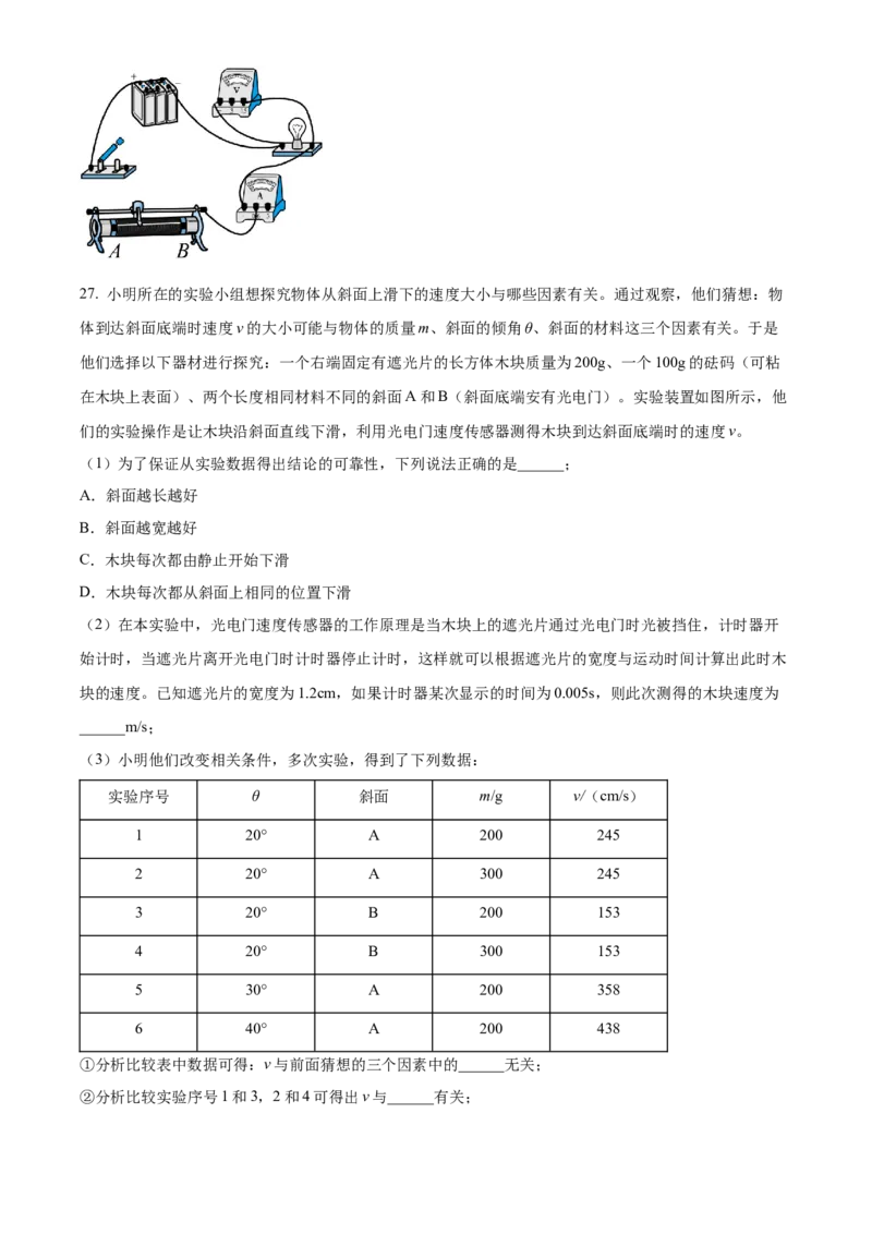 精品解析：2022年湖南省常德市中考物理试题（原卷版）_中考真题_4.物理中考真题2015-2024年_地区卷_湖南省_物理常德11-22