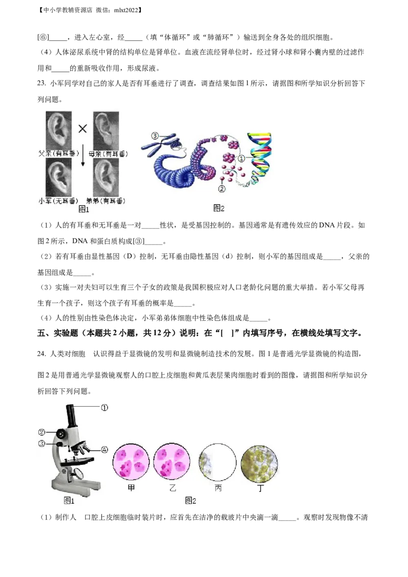 精品解析：2022年辽宁省大连市中考生物真题（原卷版）_中考真题_8.生物中考真题2015-2024年_2022年全国中考生物114份14