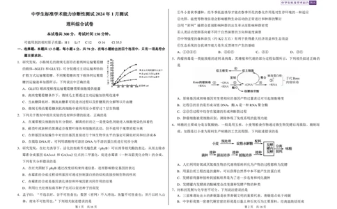 THUSSAT2024年1月诊断性测试理科综合试卷_2024届THUSSAT中学生标准学术能力诊断性测试2024年1月测试全科_THUSSAT中学生标准学术能力诊断性测试2024年1月测试理综