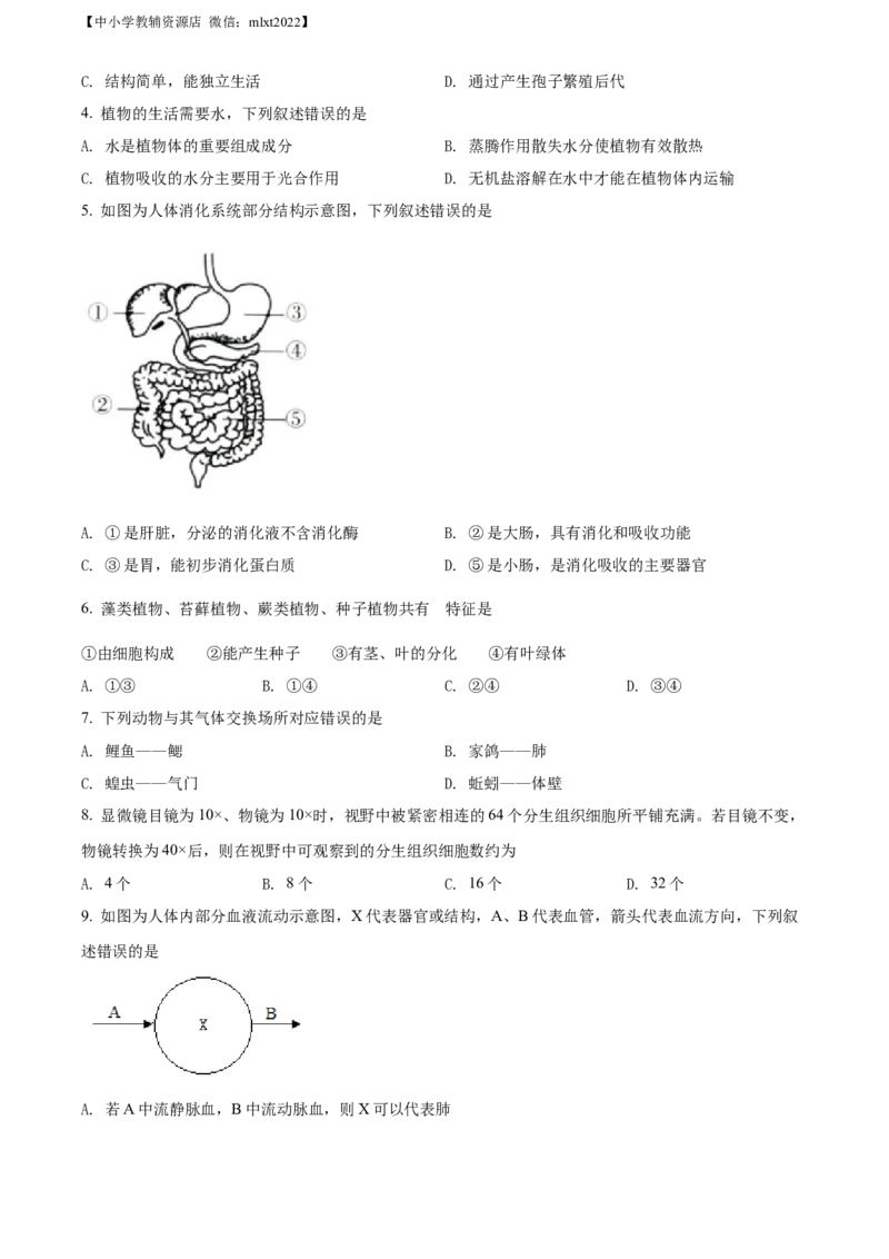 精品解析：2022年山东省济南市中考生物真题（原卷版）_中考真题_8.生物中考真题2015-2024年_2022年全国中考生物114份14