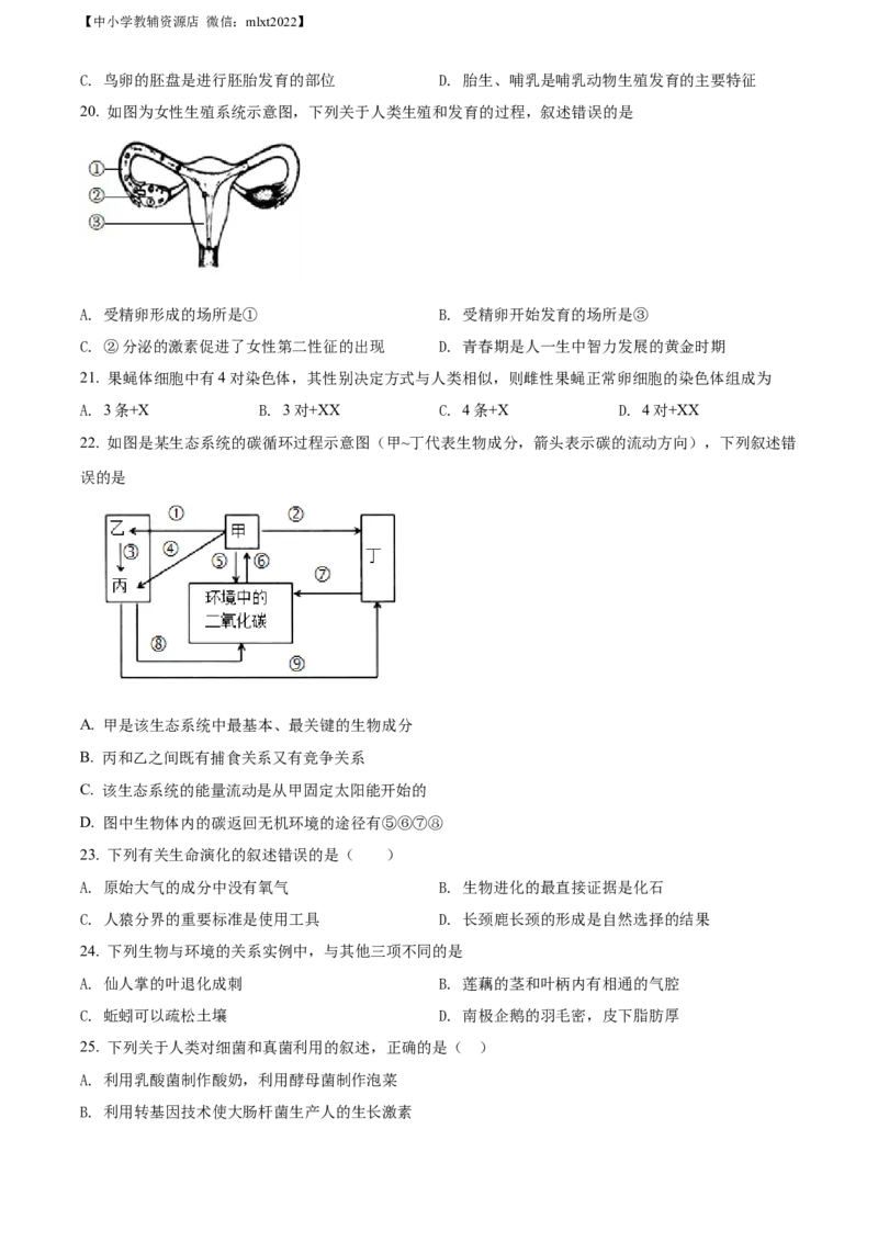 精品解析：2022年山东省济南市中考生物真题（原卷版）_中考真题_8.生物中考真题2015-2024年_2022年全国中考生物114份14