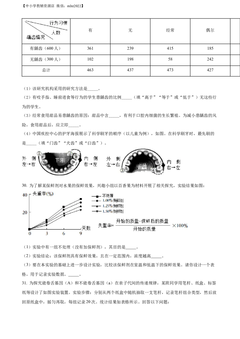 精品解析：2022年湖南省长沙市中考生物真题（原卷版）_中考真题_8.生物中考真题2015-2024年_2022年全国中考生物114份14